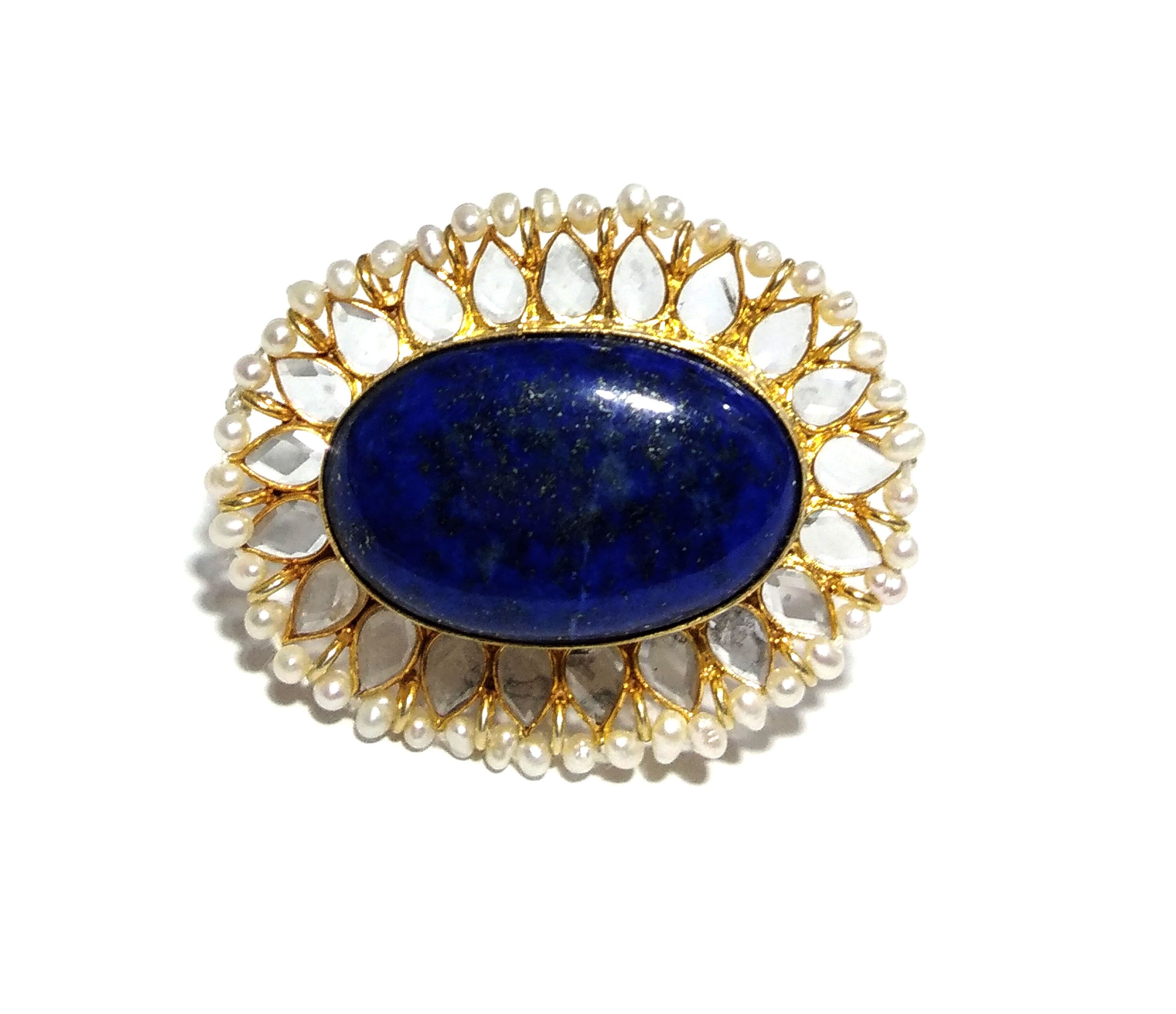 Lapis Lazuli, Fresh Water Baroque Pearl, Zircon Stone Ring, 925 Solid Starling Silver Gold Plated Ring, Stone Size 29x23mm Handmade Ring